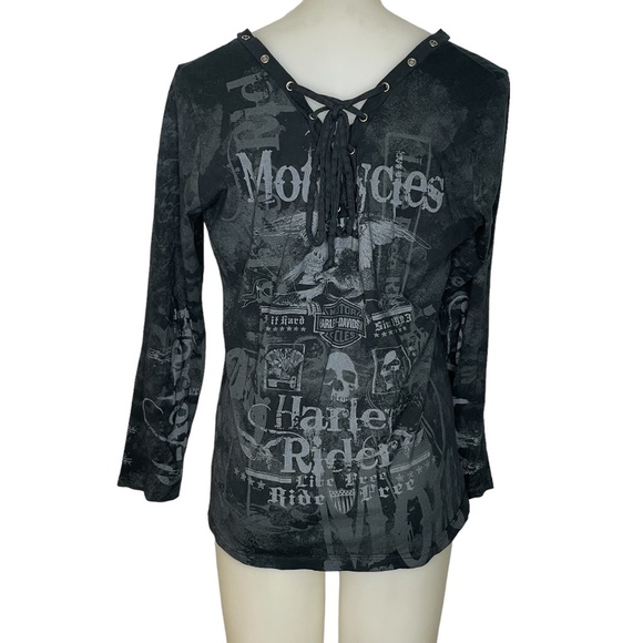 HARLEY Davidson Long Sleeve Grey and Black Top - Picture 2 of 13